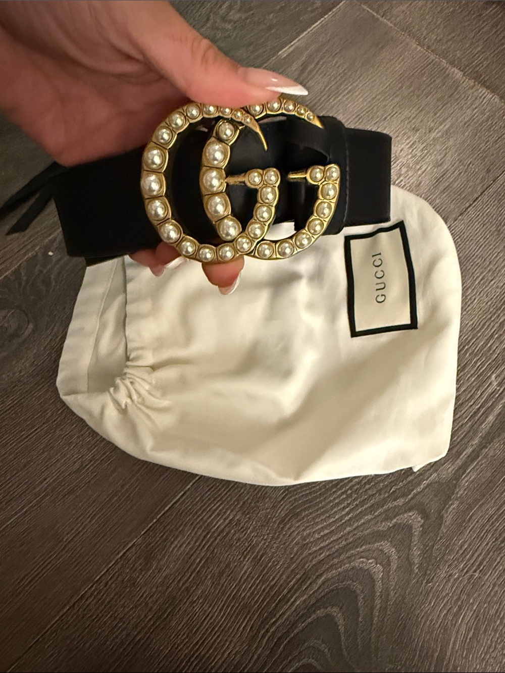 Gucci Black Leather Belt with Gold Pearl-Embellished Double G Buckle